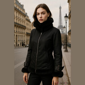 Women's Charles Chang-Lima Black Rabbit Fur Trim Wool/Silk Jacket, 6